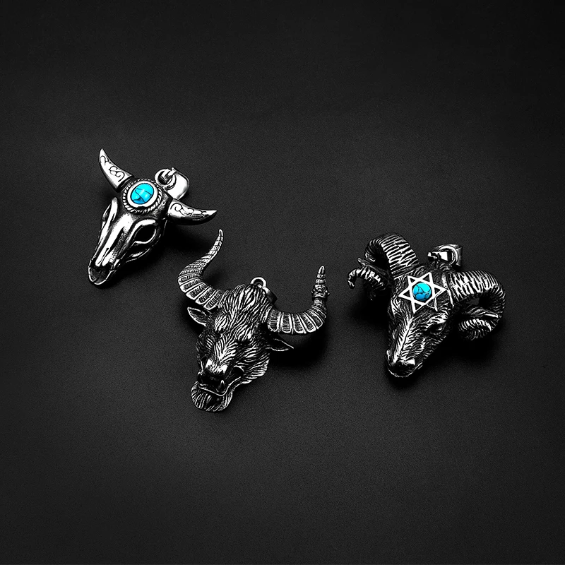 Men Retro punk Pendant Stainless Steel Hexagonal Star Satan Ram Bull Head PendantNecklace animal sheep head sweater chain collar