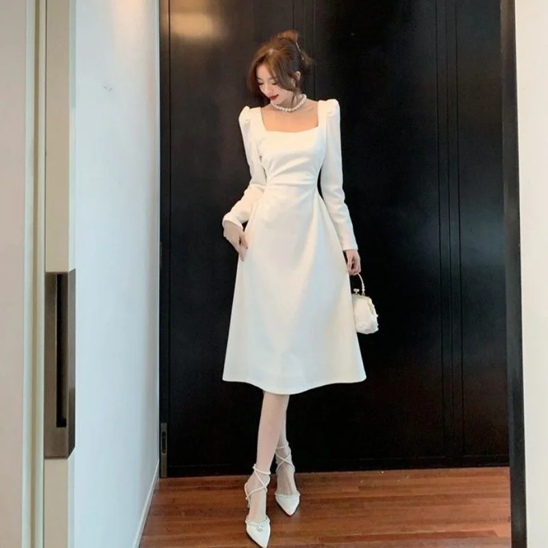Damen Maxikleid mit eckigem Ausschnitt, Puffärmeln, gerafftem Design, einfarbig, A-Linie, langärmlig, süßes, schmales langes Kleid