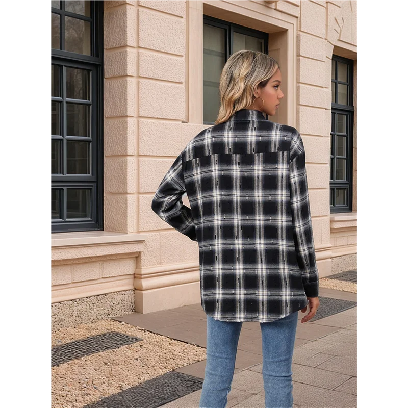 

Women's Button Down Flannel Shirts Plaid Shacket Long Sleeve Collared Business Casual Tops Work Blouses-A55G