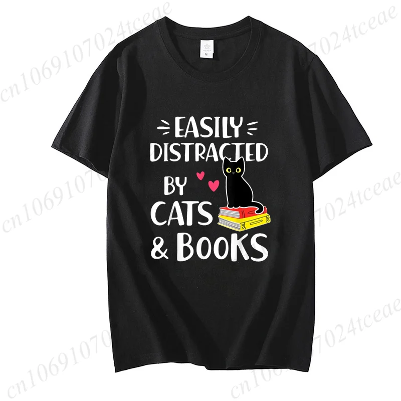 Short Sleeve T-shirt for Women Tee Clothes Easily Distracted By Cats and Books Tee Tops Book Reader Top Y2K Women Casual Clothes