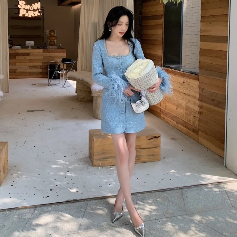 Herbst Winter Vogel Federn Langarm Diamanten Kette Pailletten Tweed Kleid Frauen Elegante Prom Abend Kurze Kleider Partyinyaд