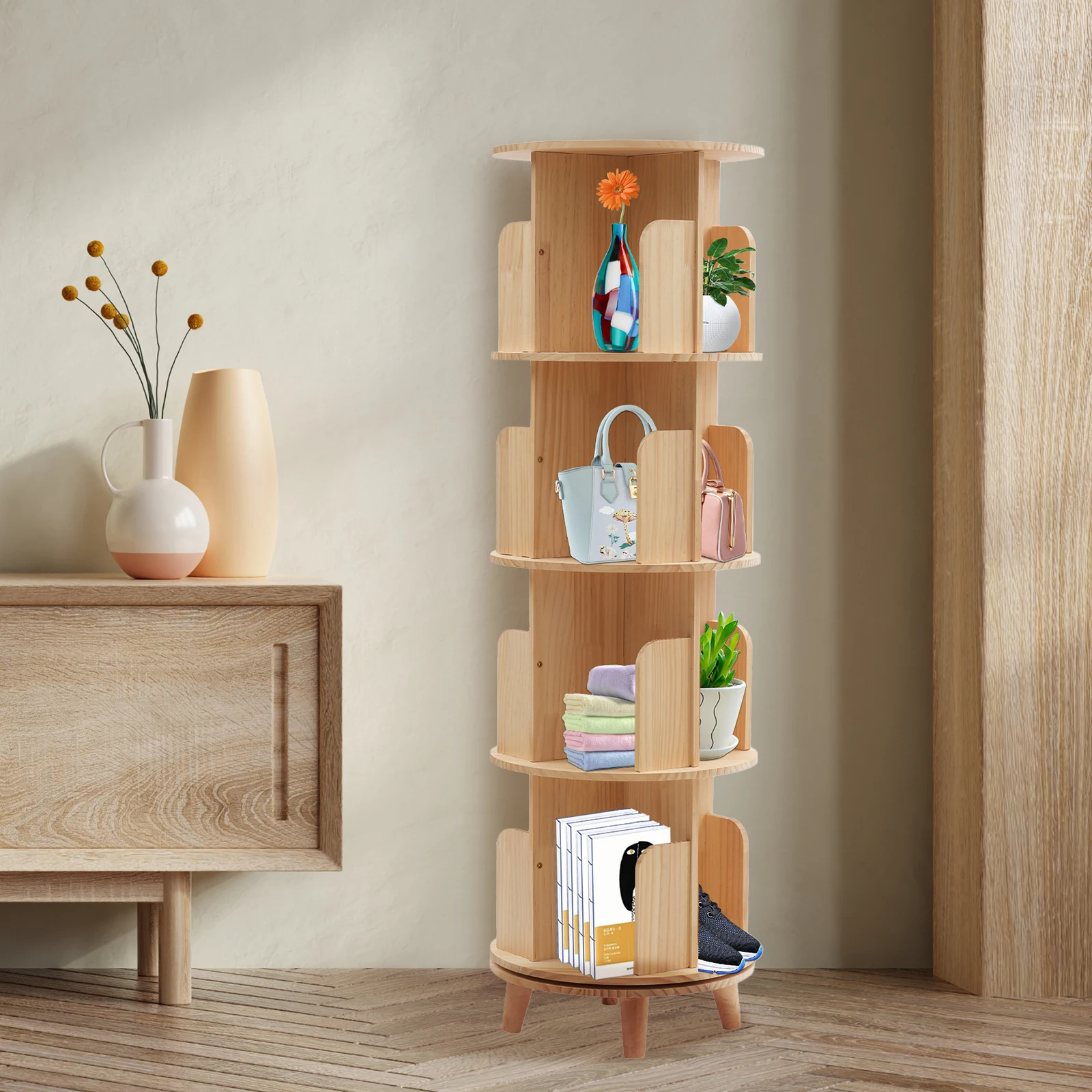 4 Tier 360° Rotating Bookshelf Wooden Revolving Bookcase Kids Book Storage Stand for Living Room Study Kids Room