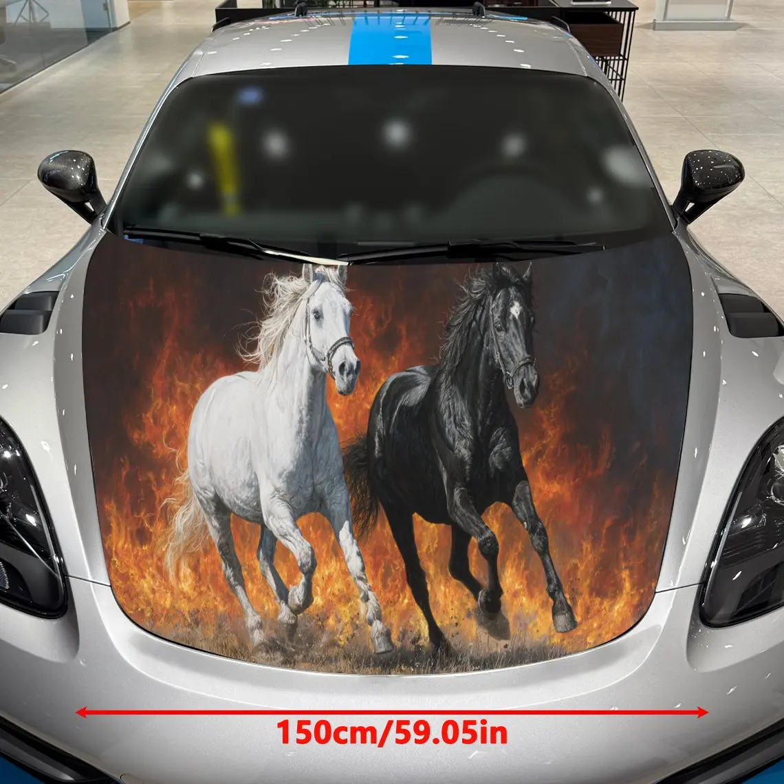 Car Decals A White And Black Horse Pair In Fiery Scene Close - Up With Dynamic Galloping Postures And High - Contrast Visual Dra