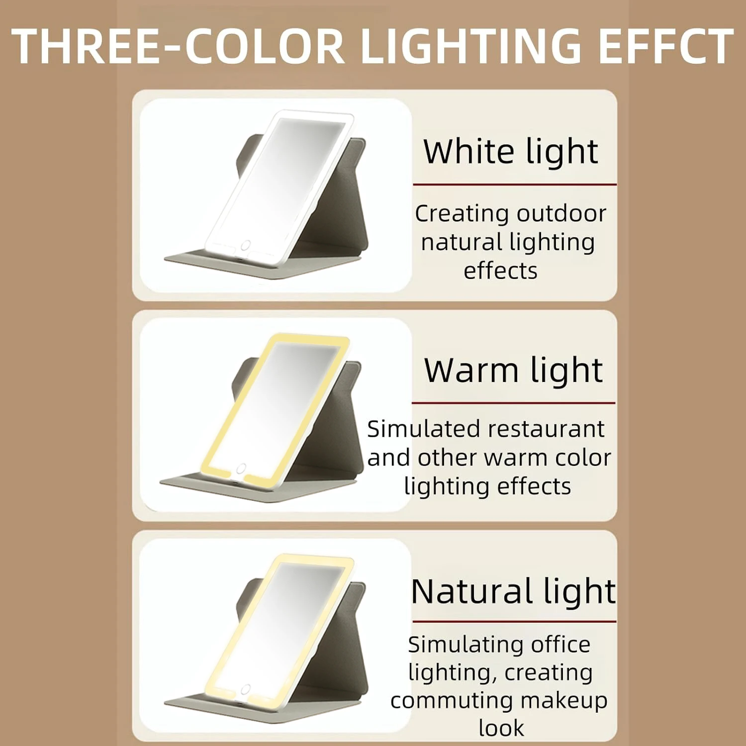 Miroir de courtoisie de maquillage 4.2 par LED aste avec capteur tactile de gradation, rotation du cadre résistant à 360, étui en cuir étanche