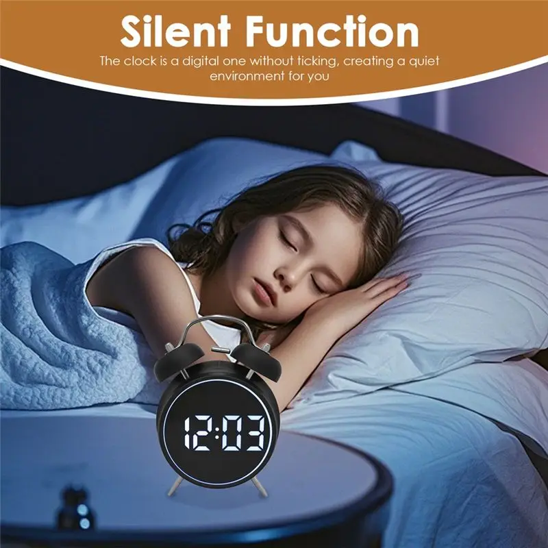 Metal Frame Digital Twin Bell Alarm Clock Loud Sound Rechargeable Backlight Desk Table Clock For Home Office-AT30