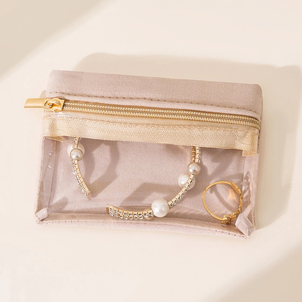 Portable Jewelry Storage Bag Earrings Necklace Velvet Zipper Pouch Travel Watch Ring Organizer Clear Water-Proof Dustproof Bag