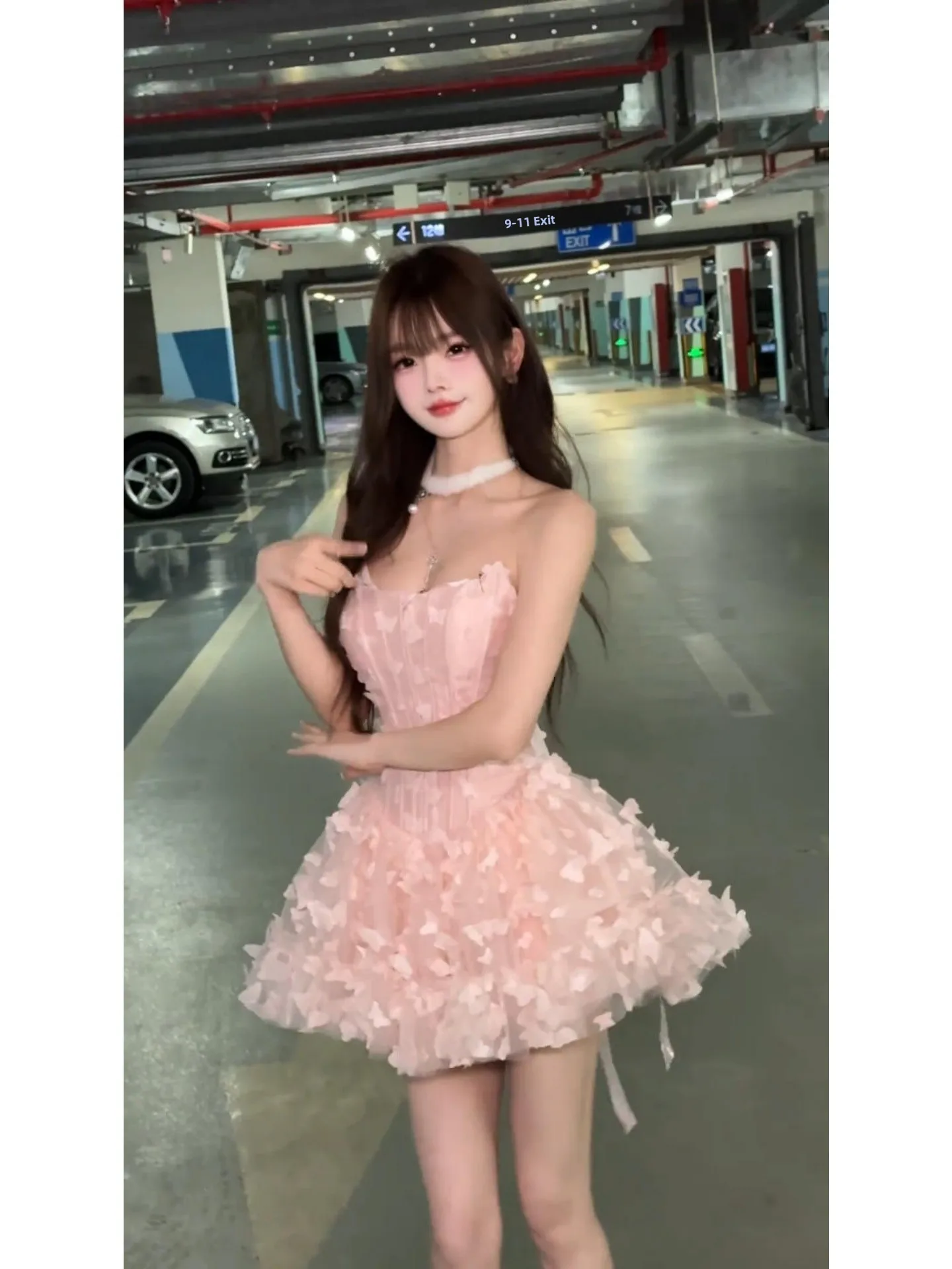 

Pink Sweet Korean Style Strapless Puffy Short Skirt Bouffant Pants Fashionable Ensemble Women's Short Sleeve V-neck Dress