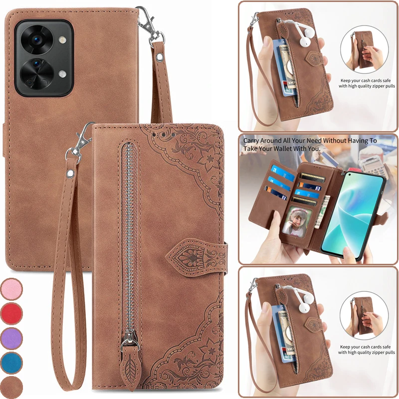 

Lanyard Leather Zipper Wallet Card Phone Case For OnePlus 11 10 9 Pro 9R Nord CE 2 N100 N200 N300 N20 SE3 Flip Stand Cover Coque