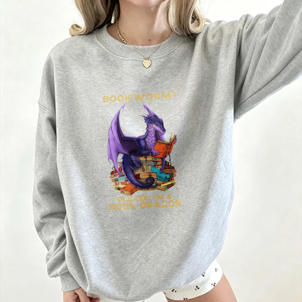 Book Dragon Crewneck Sweatshirt Magical Dragon Reading on Pile of Books Vintage Letter Graphic Pullover Unisex Casual Sweatshirt