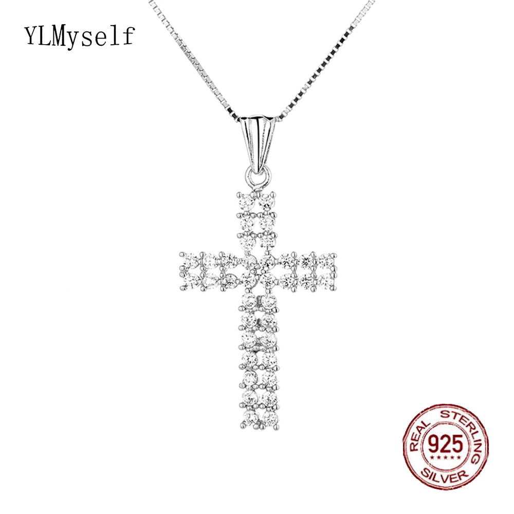 

Real Solid 925 Sterling Silver Cross Pendant Choker Pave Bling Cubic Zircon 42+3cm Chain Necklace Fine Jewelry For Women