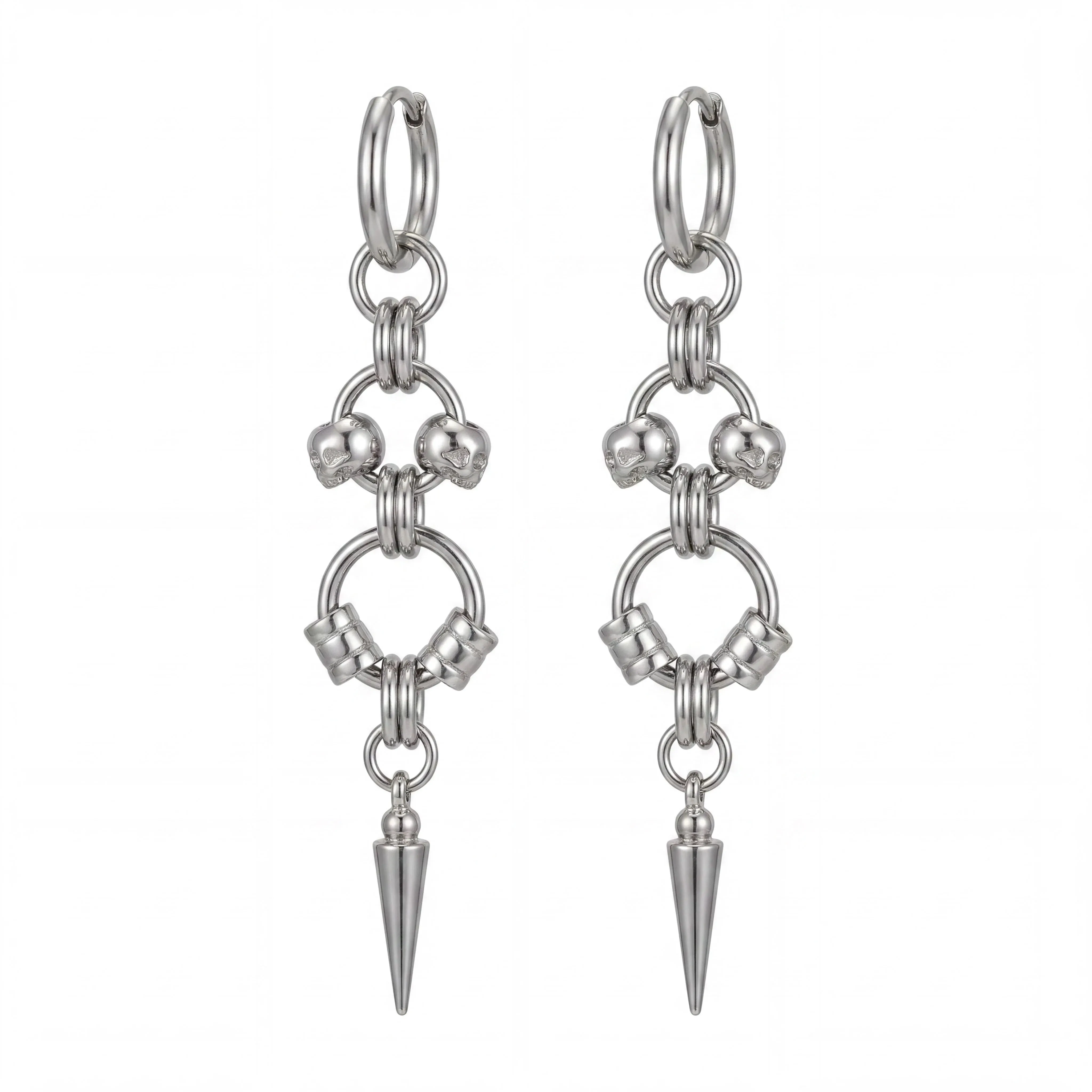 Gothic Intertwined Chain Spike Cone Dangle Stainless Steel Long Rivet Tassel Huggie Earrings Punk Ear Jewelry for Men Women
