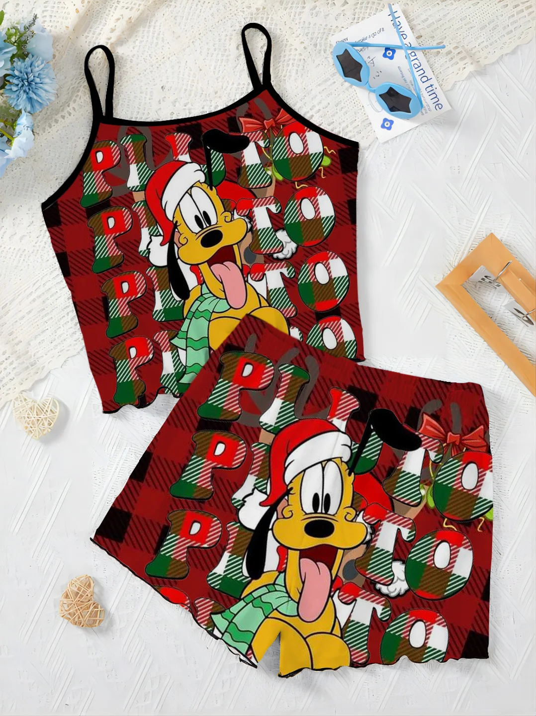 Disney-Ensemble T-shirt et jupe pyjama de Noël Minnie Mouse pour femme, garniture de laitue, robe d'intérieur, haut court imbibé, pièces élégantes