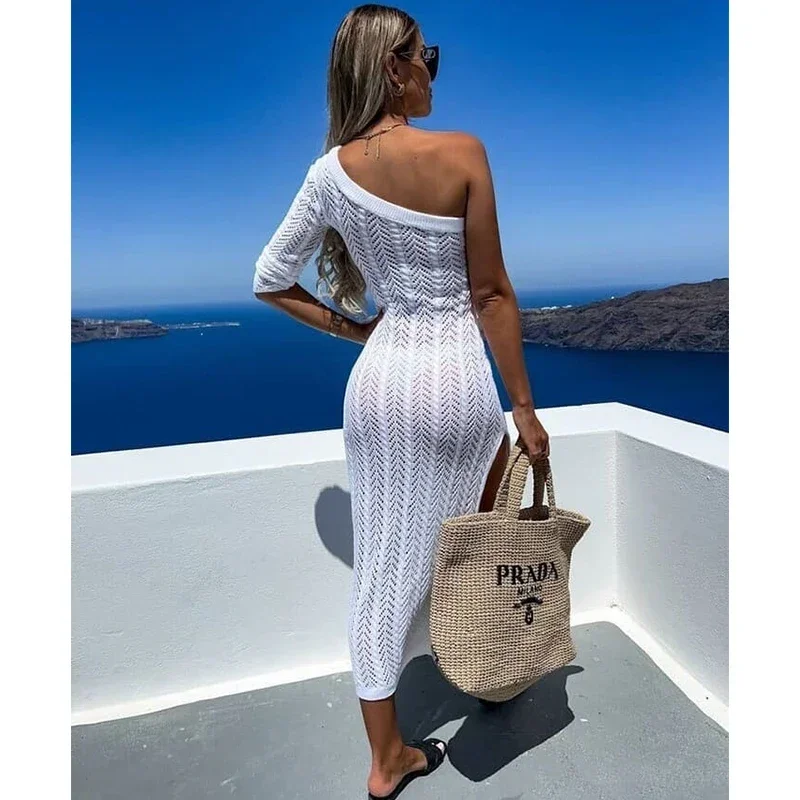 2024 Bikini Cover-ups Witte Gehaakte Tuniek Kitted Cover up Sexy See Through Lange Mouw Mesh Maxi Slanke Jurk vrouwen Strandkleding