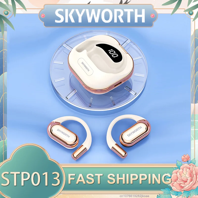SKYWORTH STP013 Earphones Wireless Bluetooth 5.3 Open-Ear Headset HiFi Stereo Music Earbuds HD Mic Call Hook Ear Heaphone 250mAh