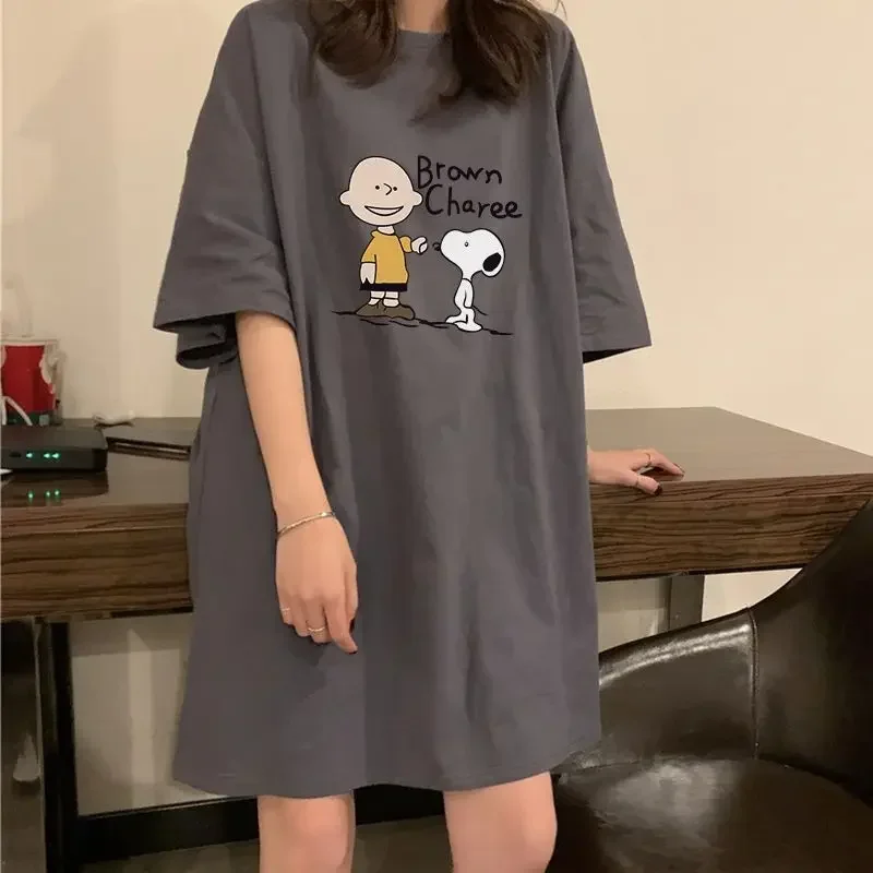 Snoopy Girls' summer short sleeve pajamas loose pregnant women's sleepwear lovely long dress