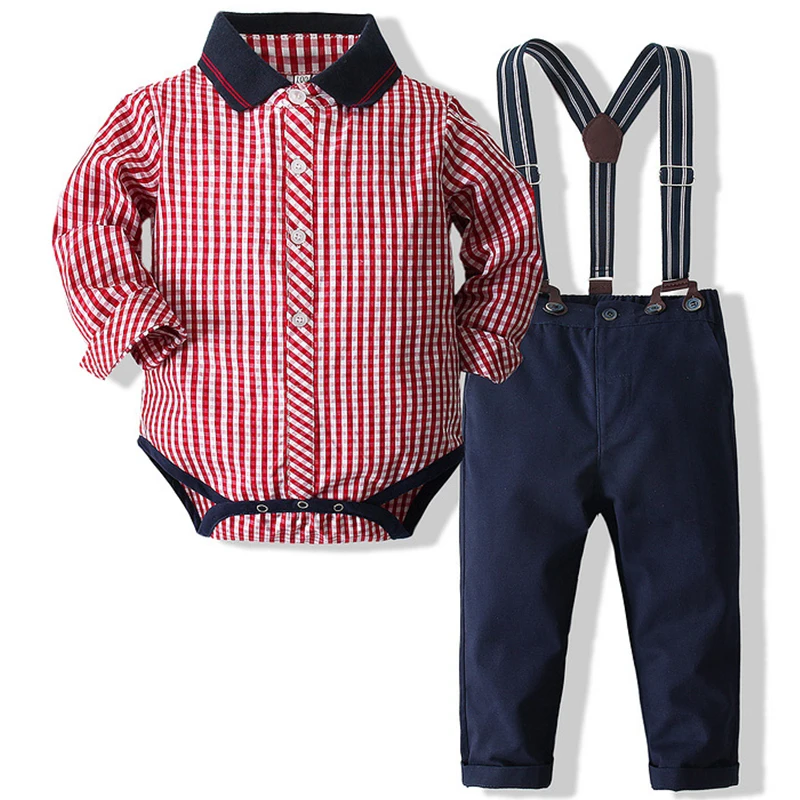 

3Piece Sets Spring Kids Clothes Boys Korean Fashion Gentleman Plaid Long Sleeve Cotton Bodysuit+Pants+Straps Baby Clothing BC803