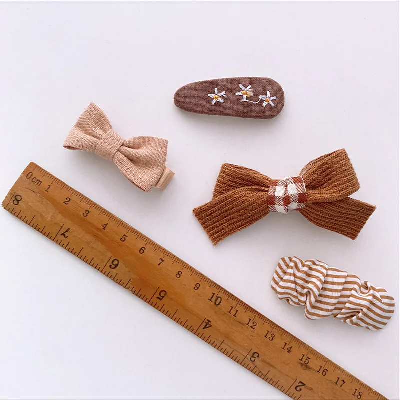 4pcs/set Korean Coffee Color Hair Pin Bow Knit Fabric Princess Hair Clips for Children Baby Girls Headwear Kids Hair Accessories