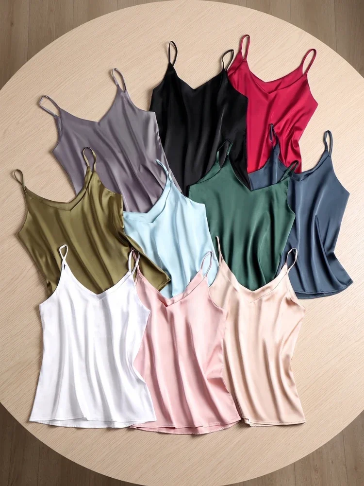 Damen Camisole 2026 Sommer Spaghetti-Träger Damen Tank Top Neckholder V-Ausschnitt Basic Weiß Cami Ärmellos Satin Seide Tops – Detail 2