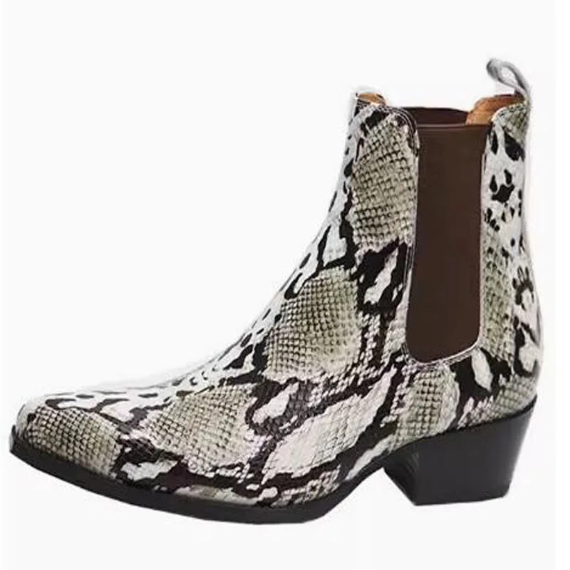 

Drop Shipping Man Fashion Gray Snakeskin Python Cow Leather Pointed Toe 5 CM Square Heels Slip On Chelsea Short Ankle Boots Male