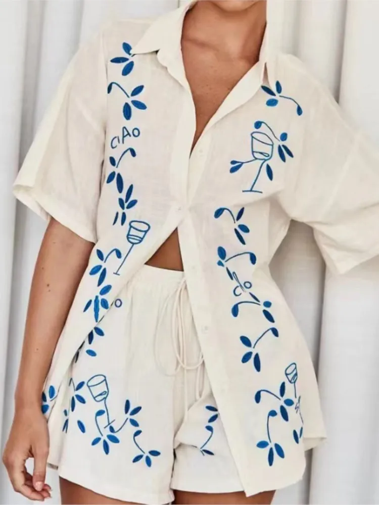 

Women's Fashion Print 2 Piece Sets Casual Short Sleeve Button Shirts Top And Shorts Sets For Women Holiday Beach Womens Clothing