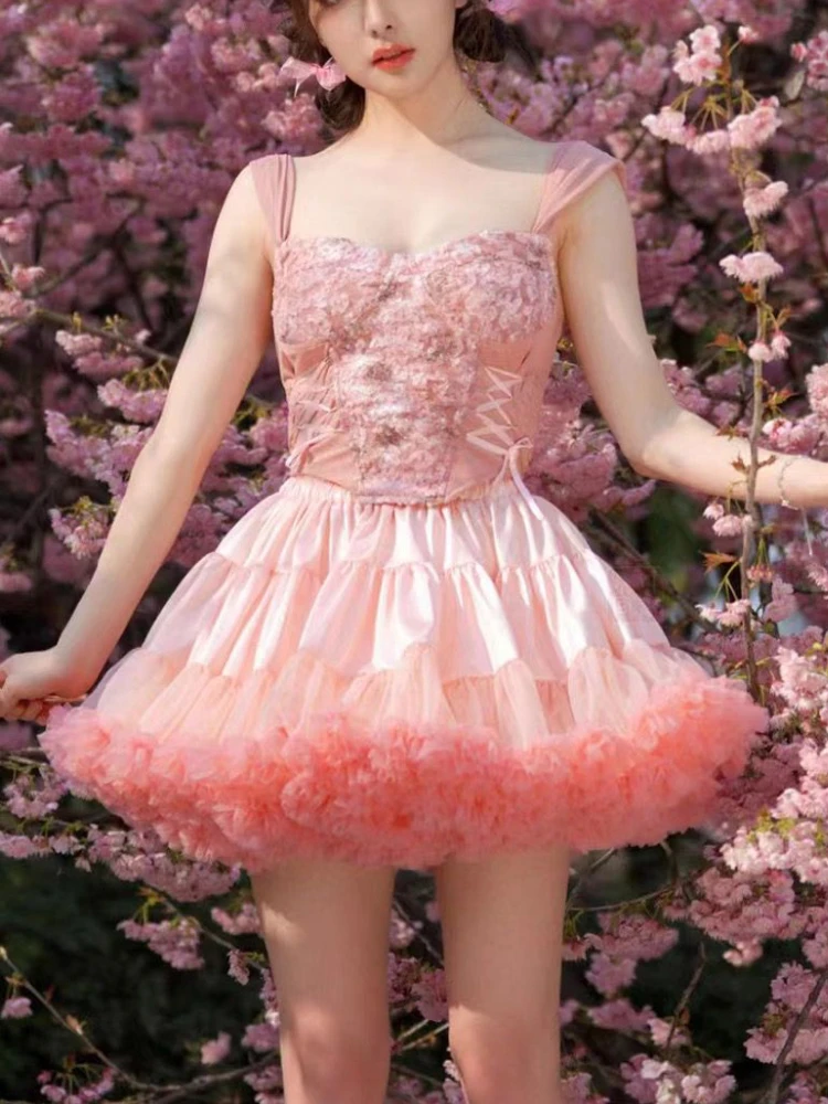 Pink Summer Sweet Two Piece Set Female Japanese France Vintage Party Skirt Suit Female Kawaii Lolita Vest + Shaggy Mini Skirt