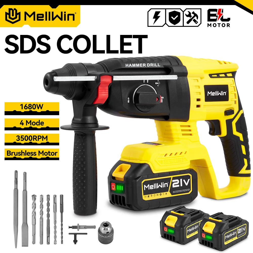 MELLWIN, trapano-martello rotativo a batteria senza fili da 26 mm, con motore a spazzole, 4 modalità di funzionamento, utensile elettrico multifunzionale per batterie Makita da 18 V.
