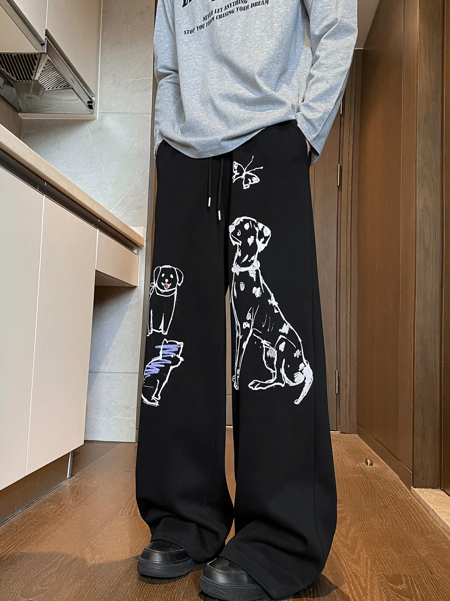 

Bla Wide Leg Casual Trousers for Men Autumn Straight Loose Drapey Long Pants Trendy Brand GPOUHO Cotton Polyester Blend