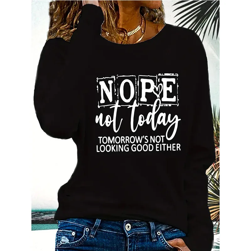 

Женская повседневная черная футболка с длинным рукавом Fuuny NOPE Not Today" Футболка с буквенным принтом Всесезонные топы с графическим рисунком Футболка 90-х годов Одежда