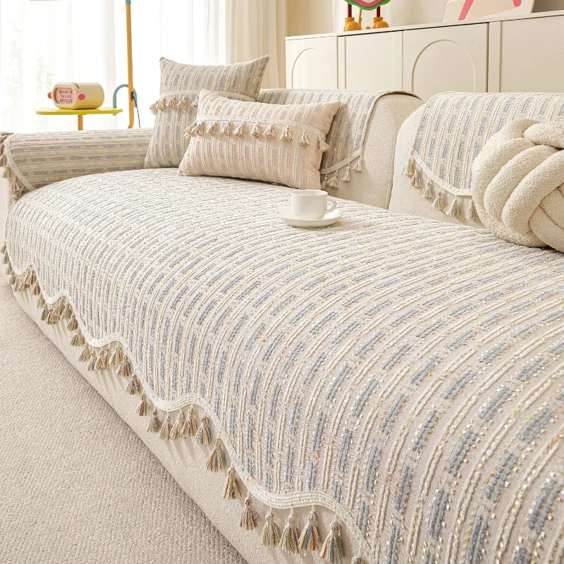 1pcs Striped Jacquard Sofa Cushion Colorful Tassel Wavy Edge Sofa Slipcover Multi-size Sectional Combination Couch Protect Pads