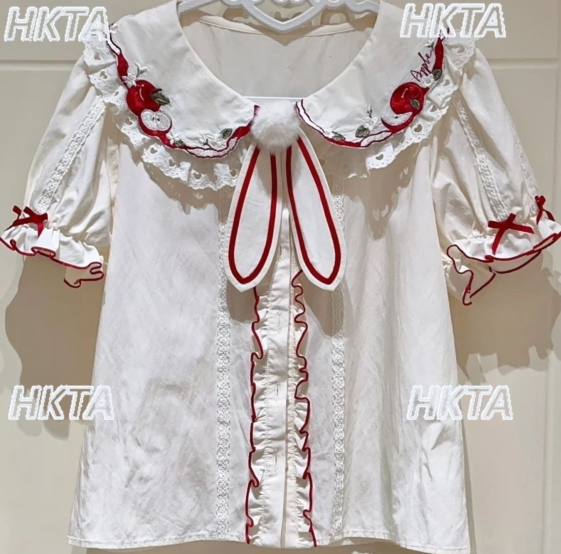 일본식 달콤한 자수 리본 주름 로리타 셔츠 귀여운 인형 칼라 버블 반소매 레이스 다용도 블라우스 여성용