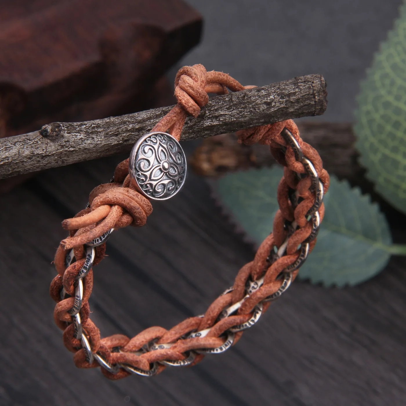 

10MM Thai Silver Braided Leather Rope Bracelets for Men Women 925 Sterling Silver Button Ethnic Knitted Bangles Exotic Jewelry