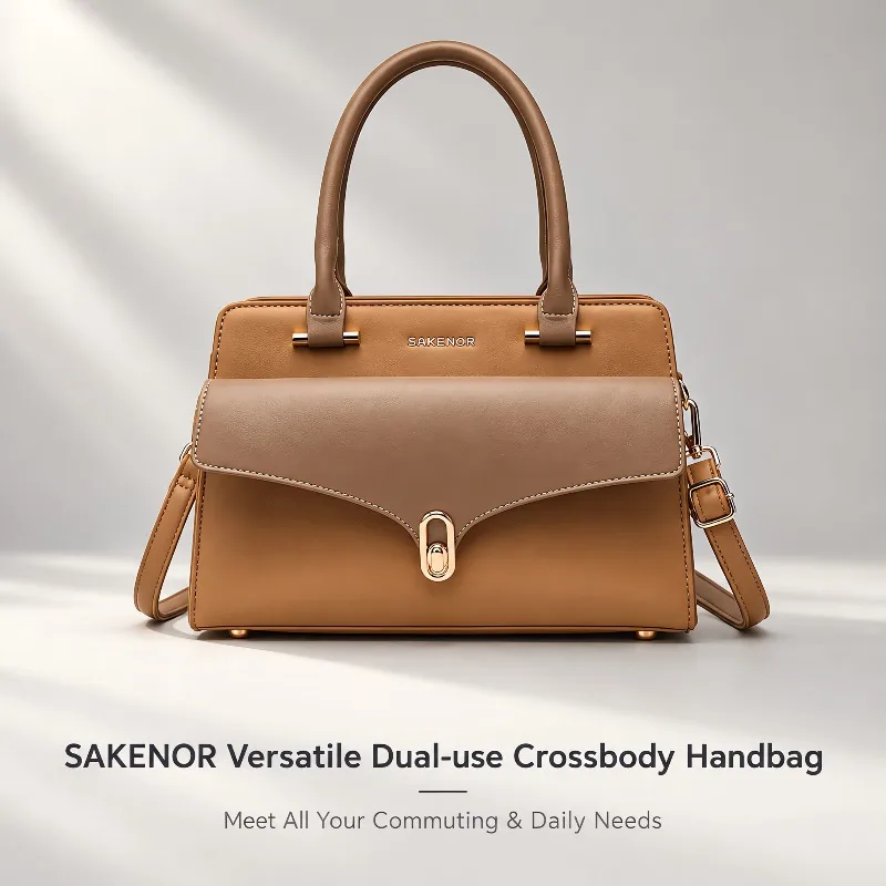 Women Elegant Top Handle Handbag Metal Lock Decor Multi Compartment Removable Shoulder Strap Daily Casual Crossbody Bag for Work