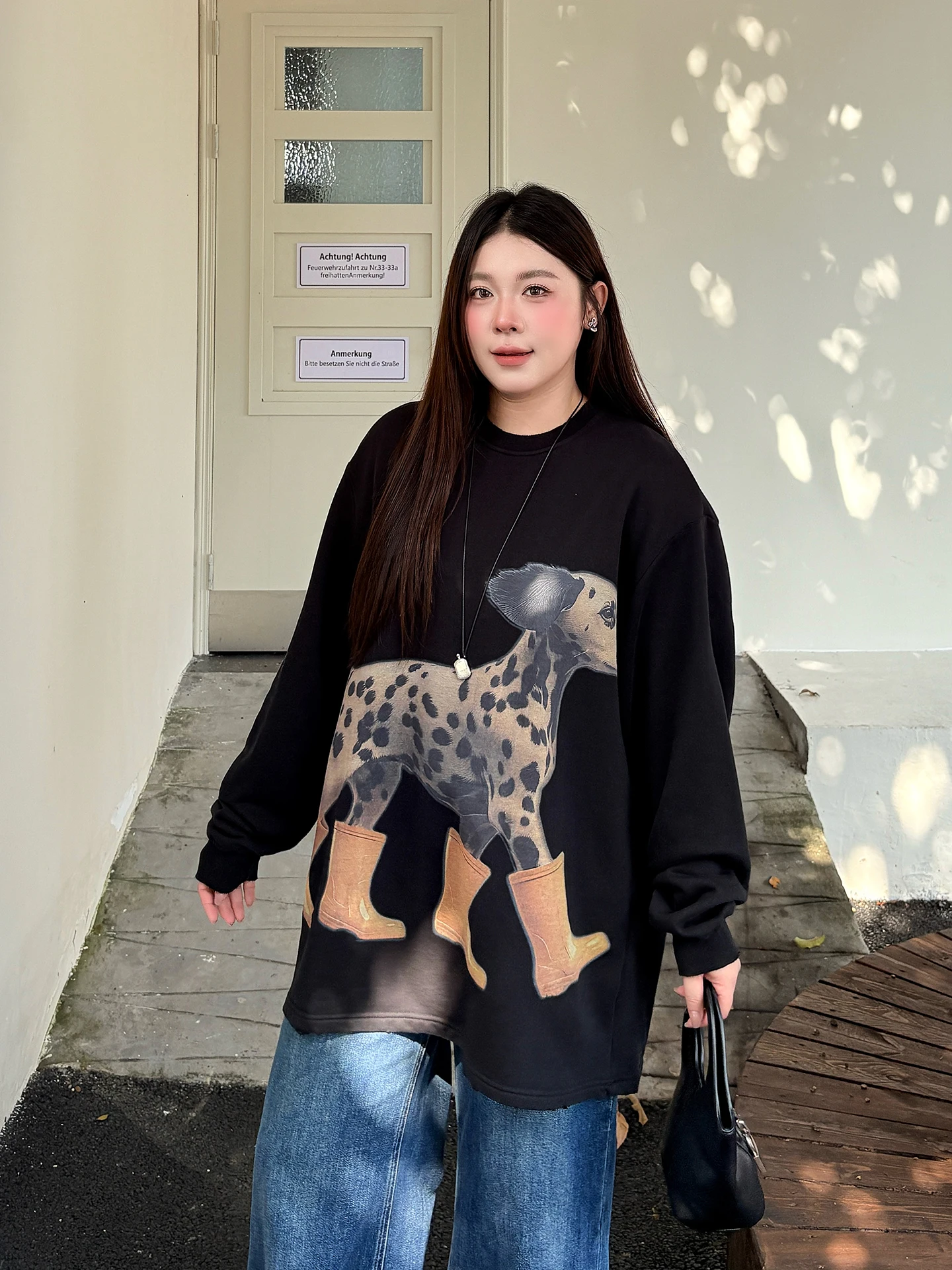 

Модная женская толстовка большого размера с принтом, повседневная утягивающая свободная посадка, осенняя новинка, удобная смесь хлопка с принтом собаки