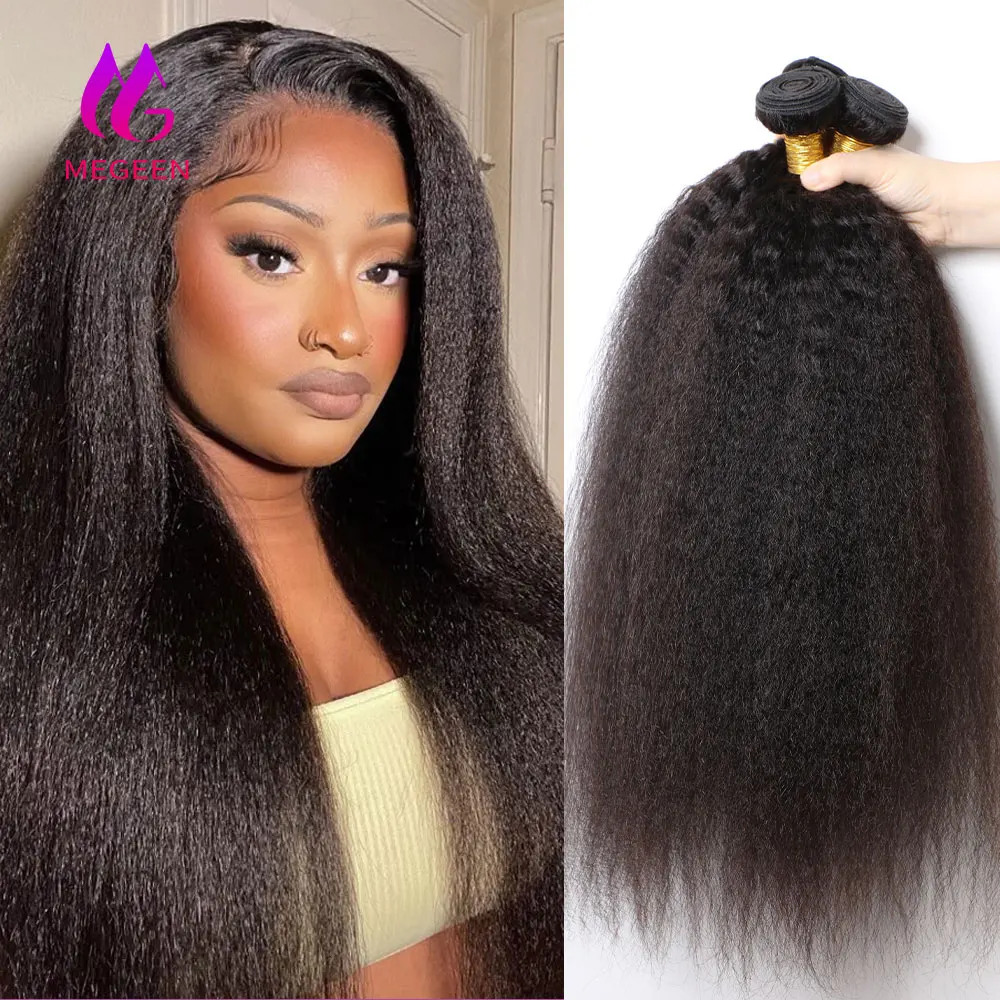 

Megeen 32-дюймовые курчавые прямые человеческие волосы Yaki, стандартные объемные 100% человеческие волосы, перуанские волнистые волосы для наращивания