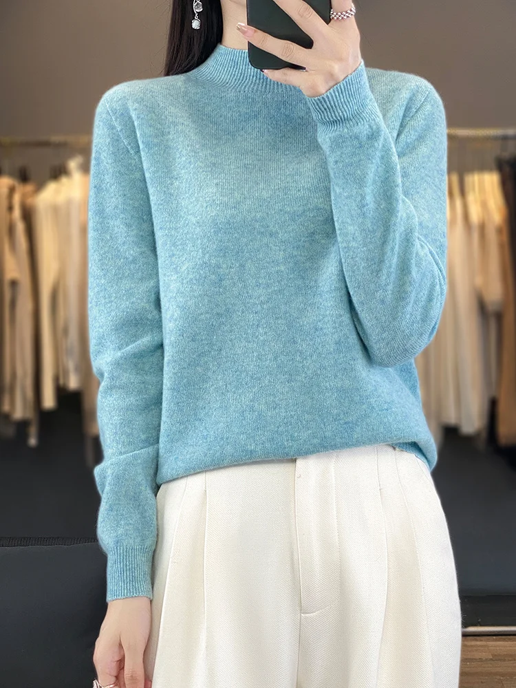 Autumn Winter Women's Basic Mock-neck Pullover Sweater 100% Merino Wool Solid Long Sleeves Cashmere Knitwear Female Clothing