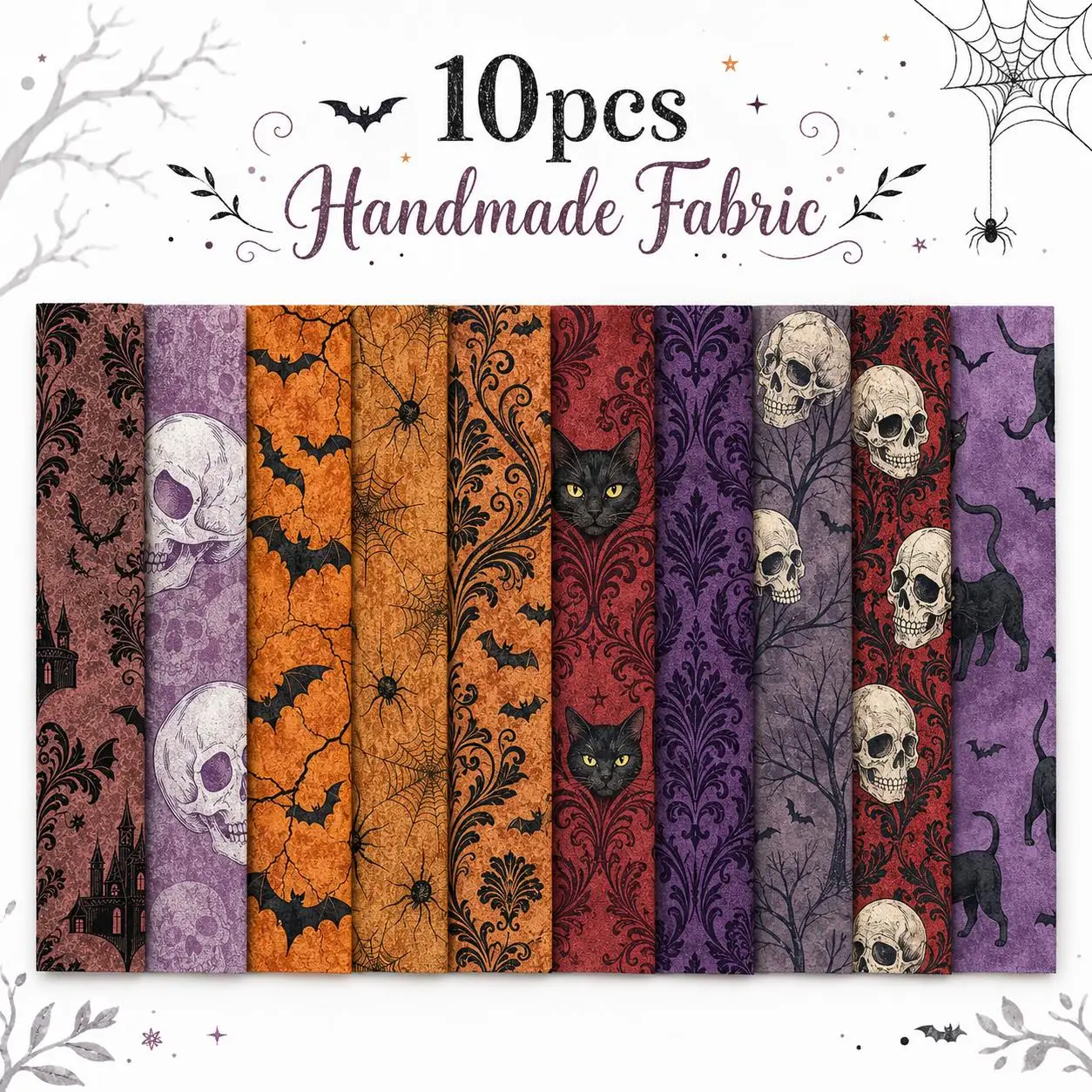 10pcs Bat Skull Halloween Pattern Jelly Roll Fabric Strips 2.5X19.7inch Pre-Cut Polyester For Patchwork Quilts, Table Runners