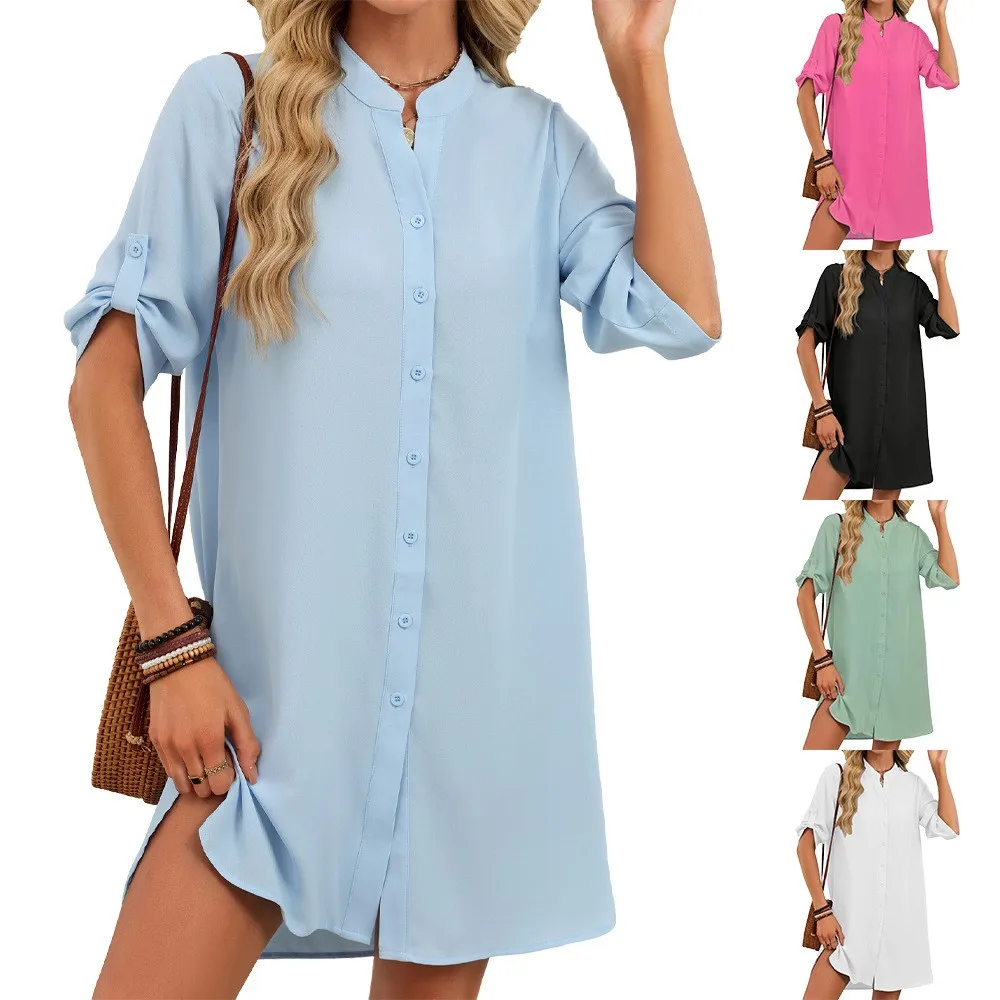 

Women's Clothing Dress V Neck A Line Dresses Pastel Blue Five Quarter Sleeve Shirt Dress Mint Green Mandarin Collar Casual Dress