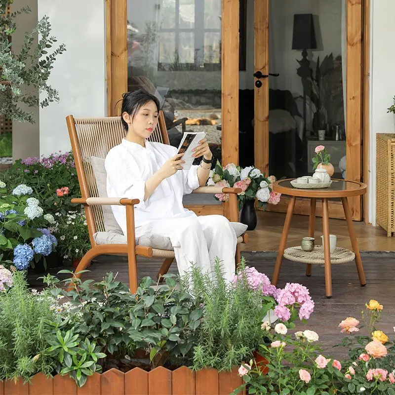 Outdoor recliner balcony courtyard home leisure chair lazy backrest rattan chair new installation-free integrated table