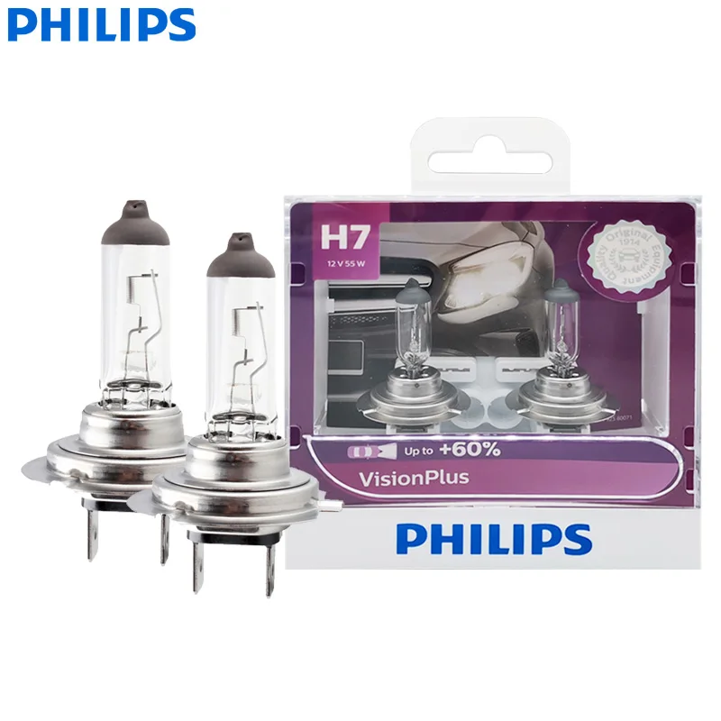 Philips H7 12V 55W PX26d VisionPlus 3250K Bright Light Up to 60% Vision Halogen Original Car Lamps Headlight 12972VPS2, 2X