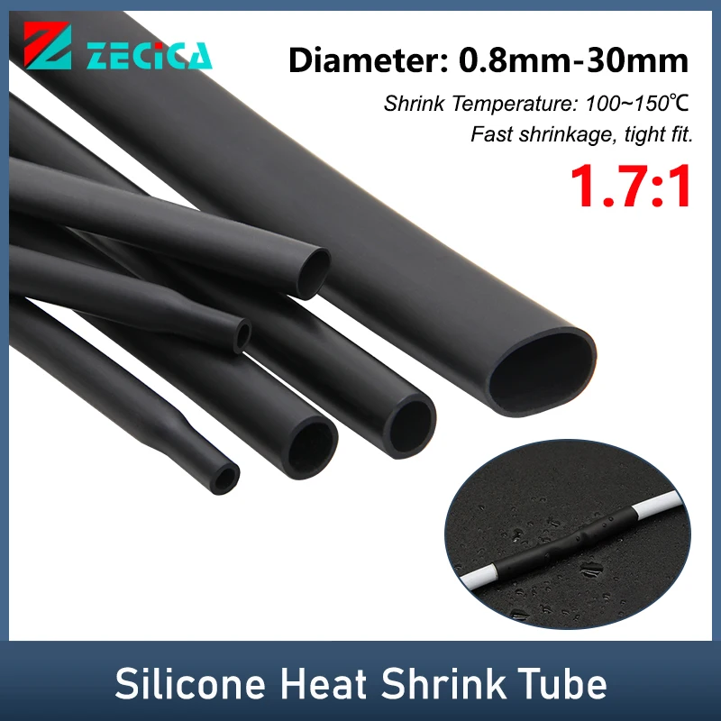 1/3/5/10M Black Silicone Heat Shrink Tube 0.8mm~30mm Insulated DIY Wire Protector Wrap Sheath Case Heat Shrinkable Cable Sleeve