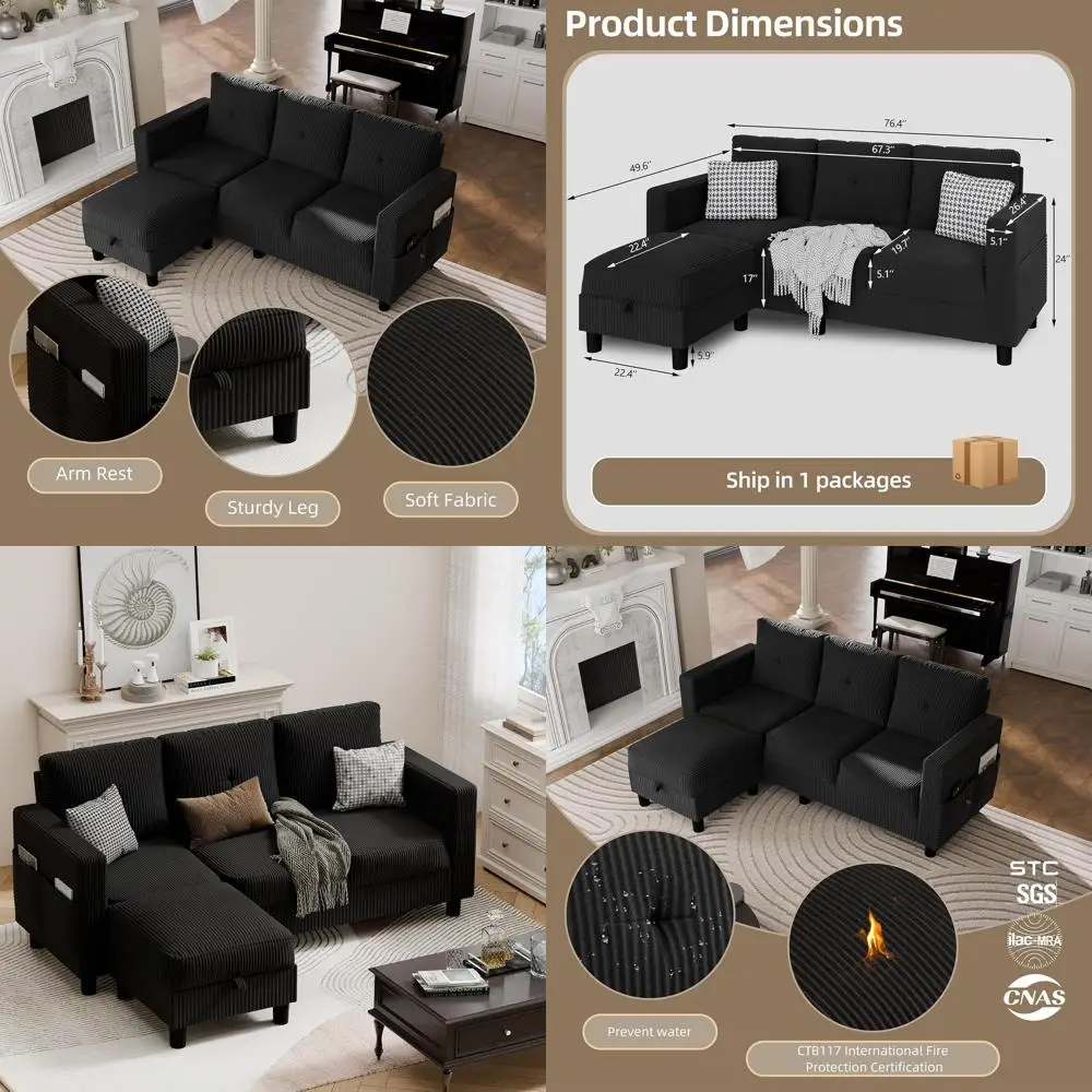 

L-образный 3-местный секционный диван с вельветовым покрытием, пуфик, идеально подходящий для небольших помещений черного цвета