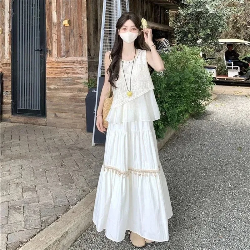 

2025 Summer Bohemian Vacation Style Vacation Two-piece Camisole Vest for Women Wearing Sleeveless Tops Half Body Two-piece Set