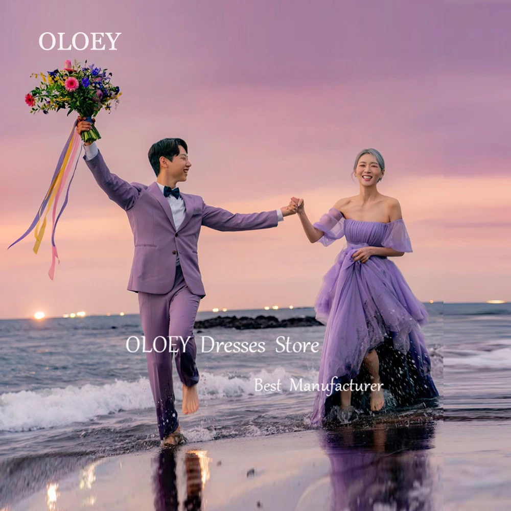 

OLOEY Purple Korea A Line Wedding Dress Outdoor Photoshoot Off Shoulder Prom Dress Layered Tulle Floor Length Bridesmaid Dress