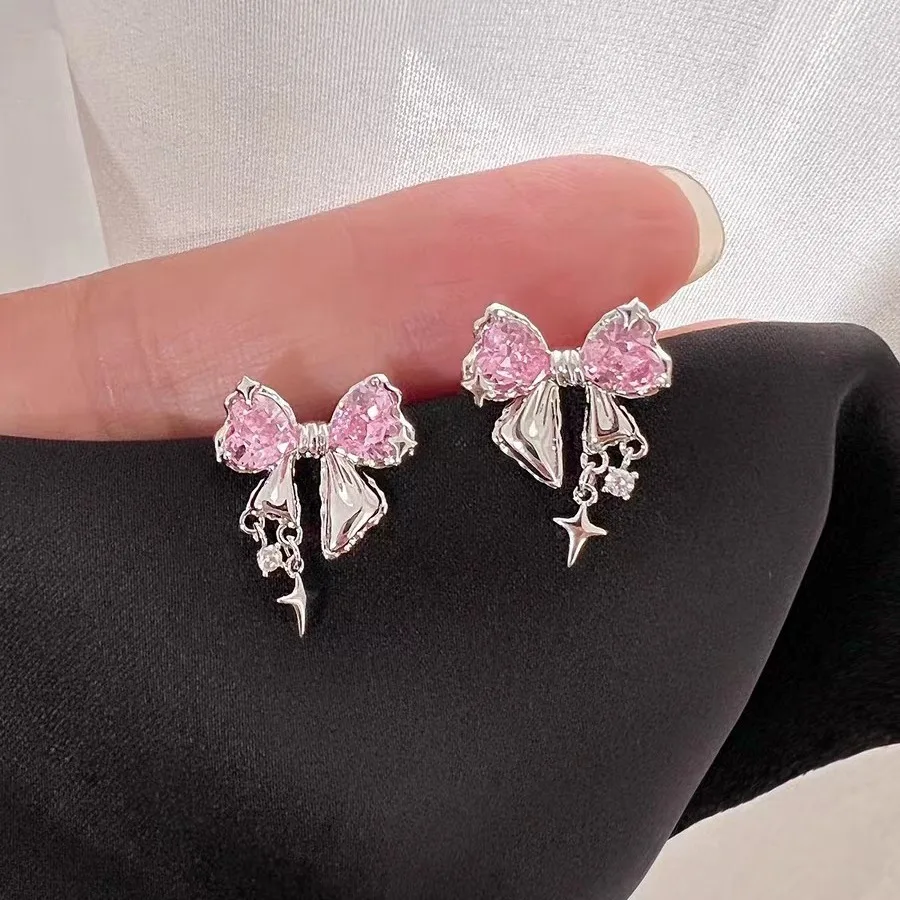 Fashion Cubic Crystal Bowknot Stud Earrings for Women Girls Pink Exquisite Y2k Earring Birthday Party Jewelry Gifts