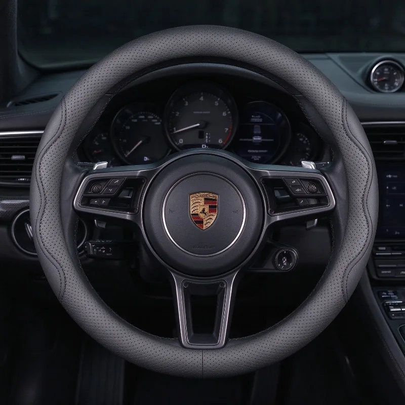 For Porsche 37-38cm Nappa Leather Steering Wheel Cover,Ultra Thin,Soft Hand Feel,Anti Slip,All Season Universal,Auto Accessories