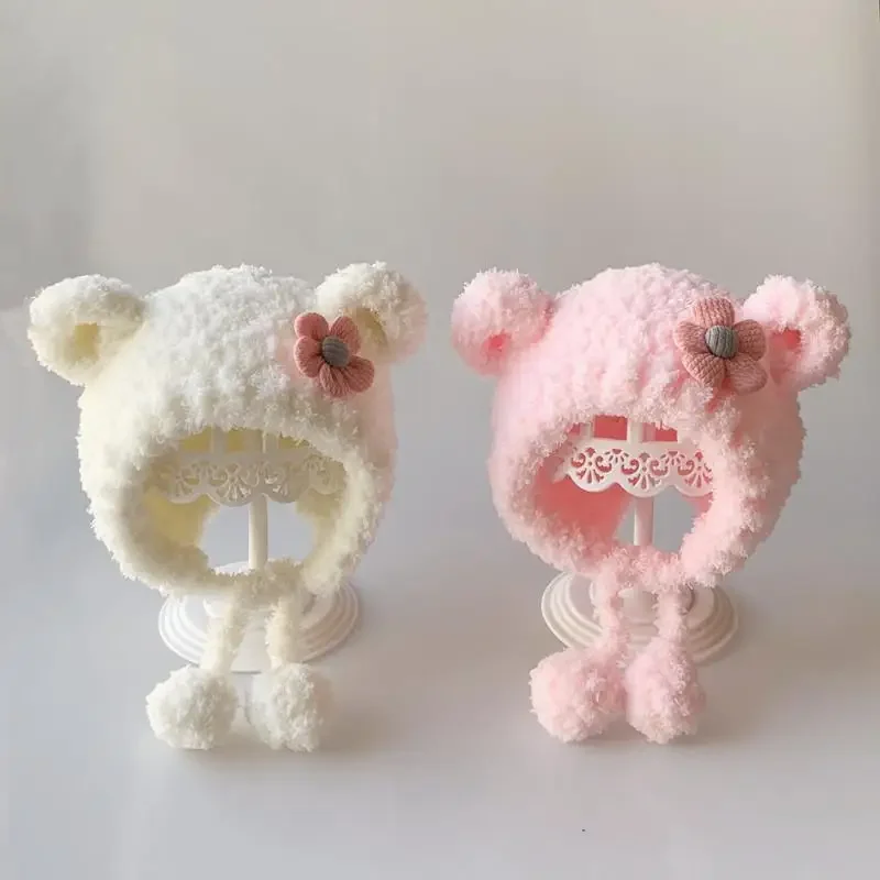 

Зимняя плюшевая детская шапка с милым цветком для маленьких девочек, защитная шапка для ушей, однотонная детская шапка-бини на шнуровке с цветочным принтом