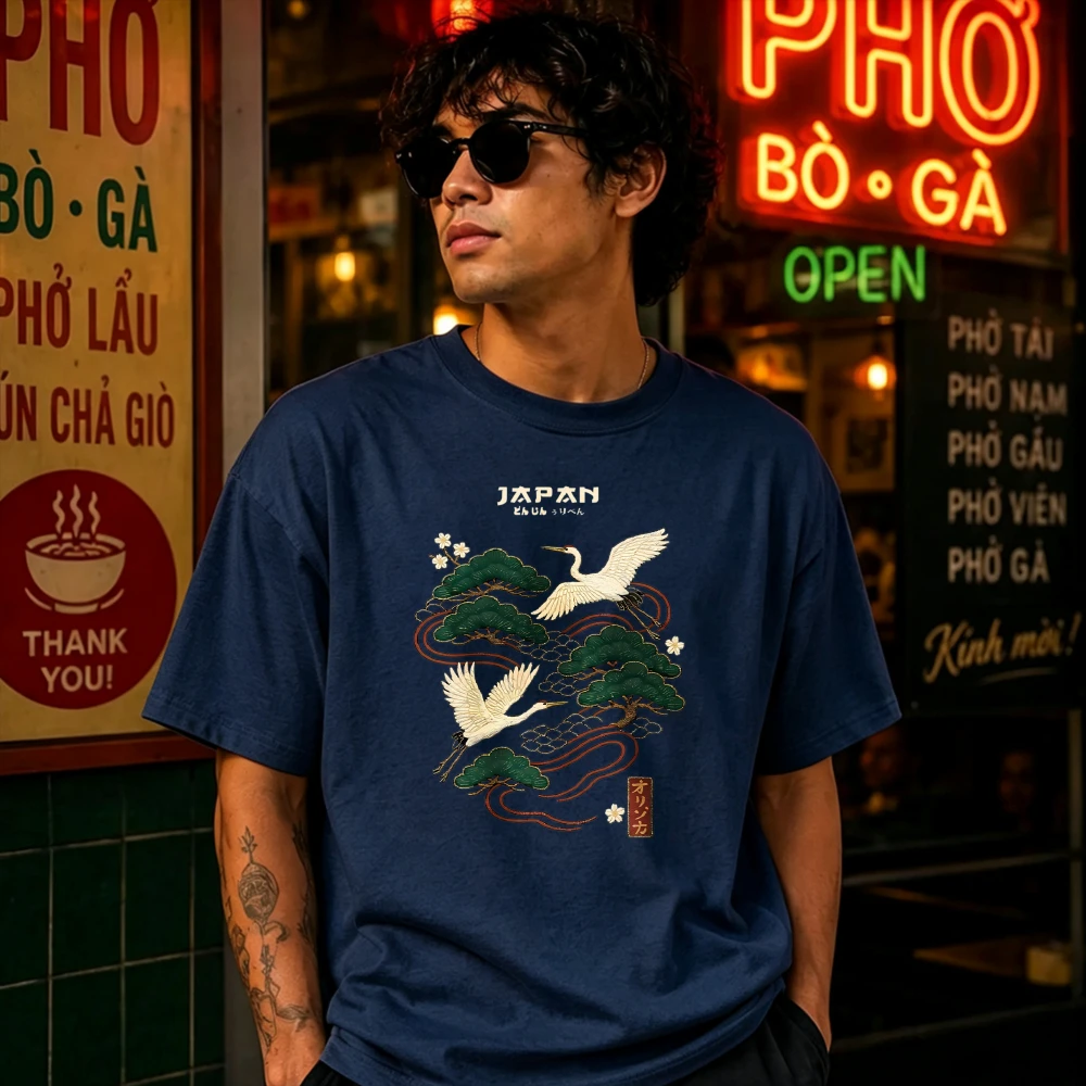 2026 Fashionable Trendy New Funny Japanese Crane Pine Branch Print American Vintage Street Style Unisex Oversized T Shirt