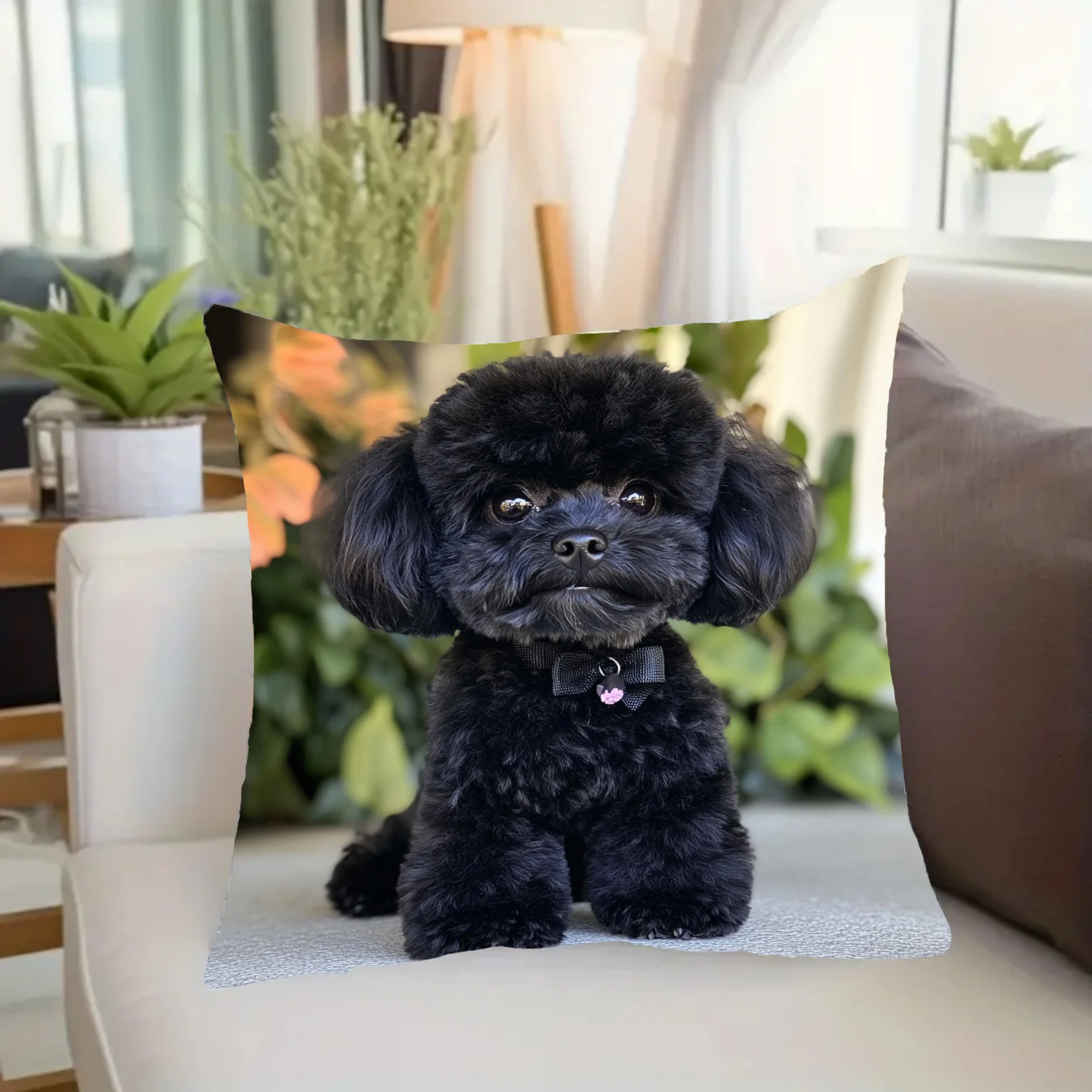 Cute Black Poodle Puppy Pet Portrait Cushion Throw Pillow Cover Home Decor Dog Lover Gift 40x40cm Decorative Pillowcase
