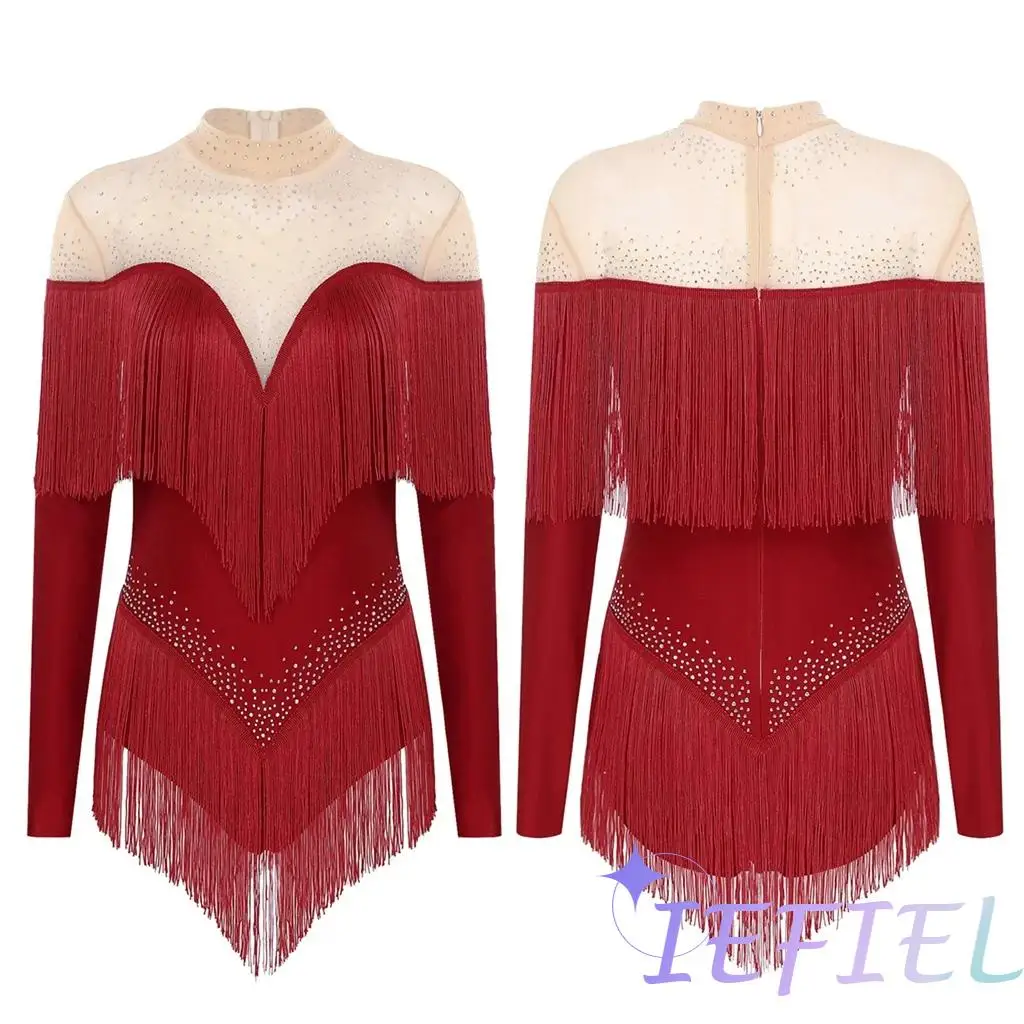 

Jazz Dancewear Rhinestones Splice Tights Bodysuit Unitard Tassel Skirt Practice Cha Cha Rumba Ballroom Dancing Performance