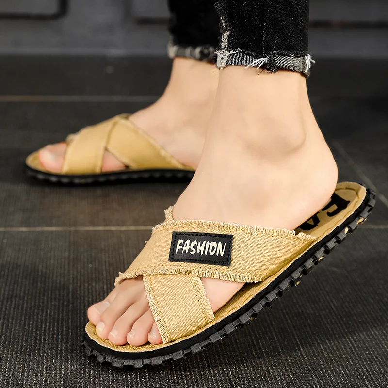 Men Summer Canvas Slippers Fashion Fabric Home Men's Slippers Outdoor Rubber Flat Men Sandals Casual Slides House Floor Slippers